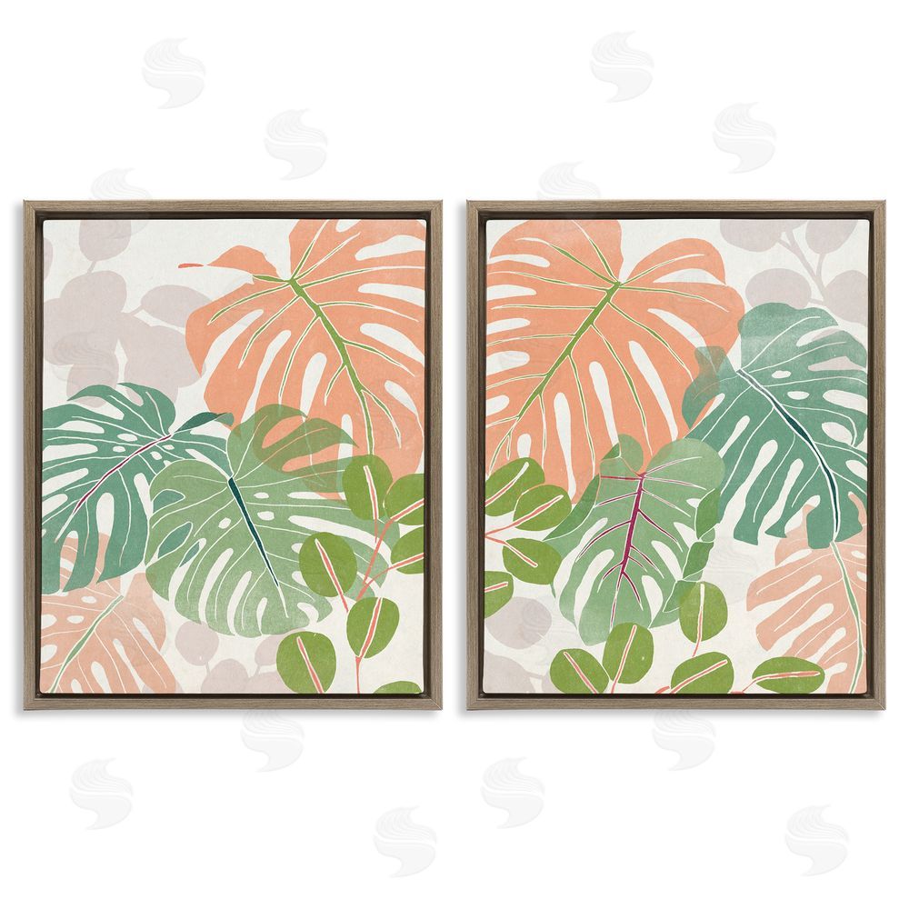June Erica Vess Tropical Monstera Palm Leaves Green Orange Brown Floating Frame Canvas Wall Art Print