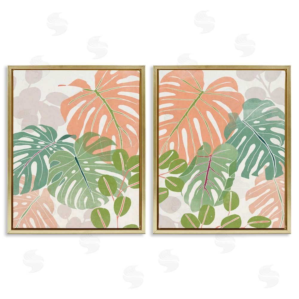 June Erica Vess Tropical Monstera Palm Leaves Green Orange Gold Floating Frame Canvas Wall Art Print