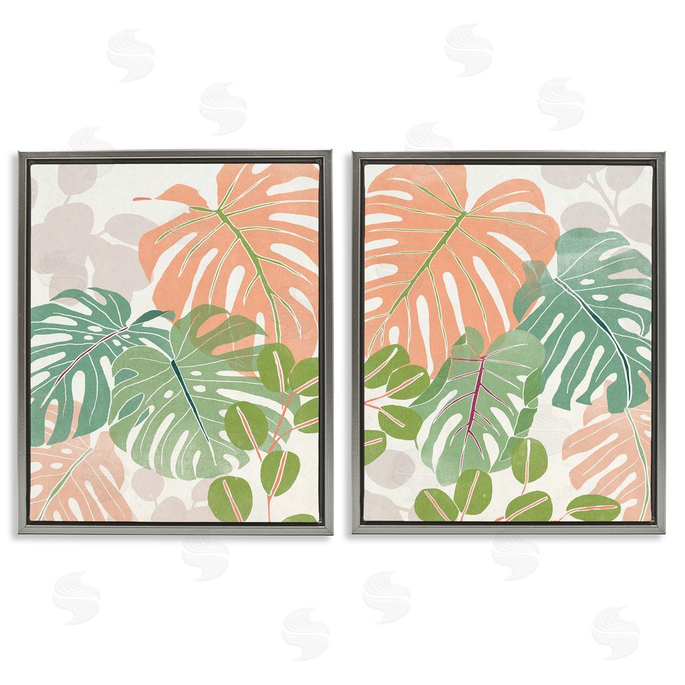 June Erica Vess Tropical Monstera Palm Leaves Green Orange Gray Floating Frame Canvas Wall Art Print