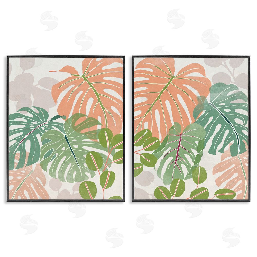 June Erica Vess Tropical Monstera Palm Leaves Green Orange Black Framed Giclee Wall Art Print