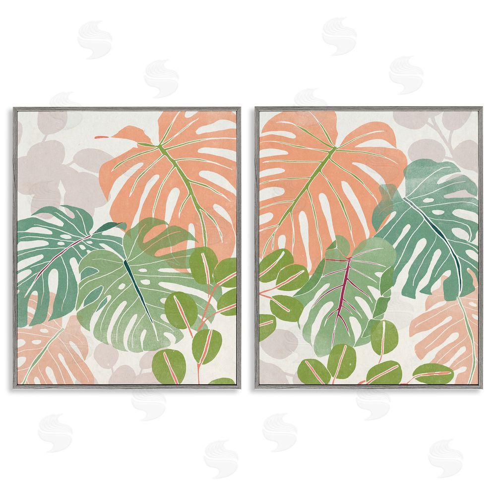 June Erica Vess Tropical Monstera Palm Leaves Green Orange Gray Framed Giclee Wall Art Print