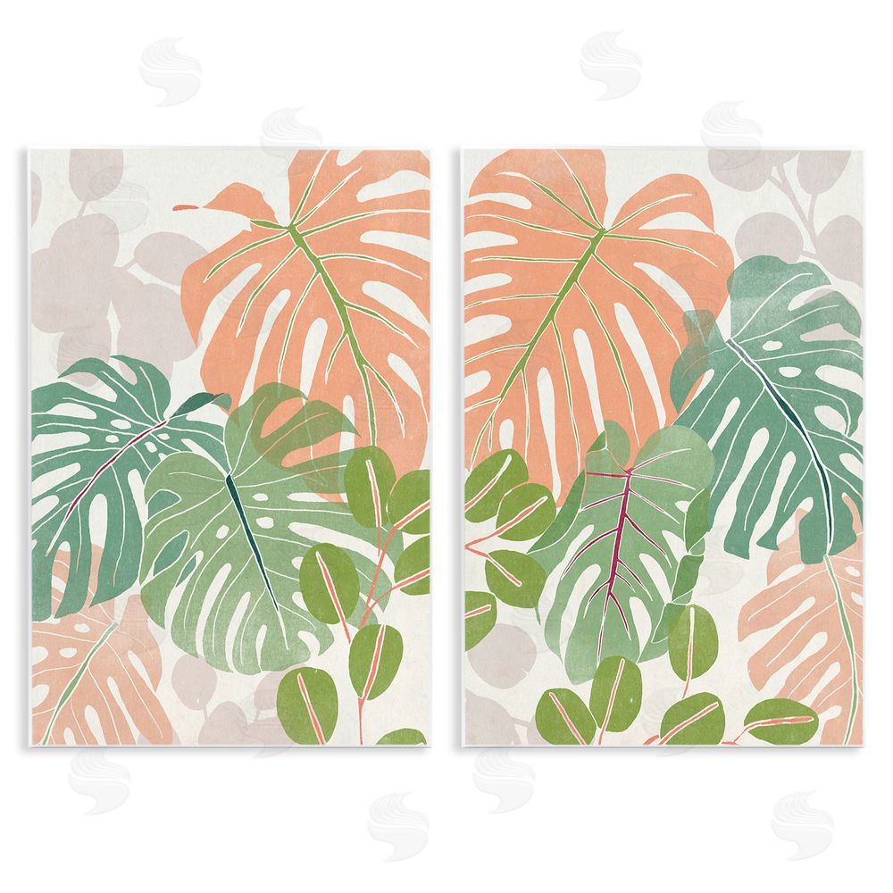 June Erica Vess Tropical Monstera Palm Leaves Green Orange Wooden Wall Plaque Art Print