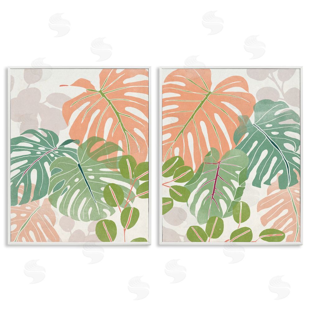 June Erica Vess Tropical Monstera Palm Leaves Green Orange White Framed Giclee Wall Art Print