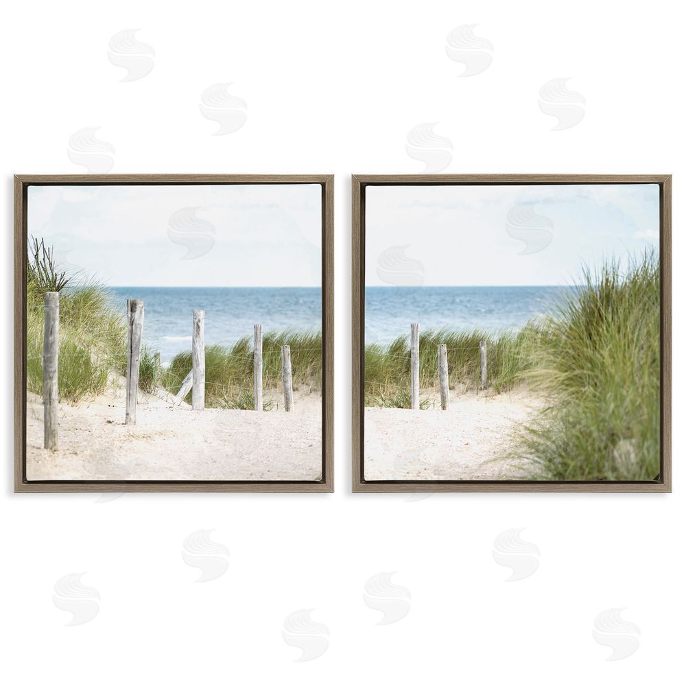 Kim Allen Calm Coastal Beach Fence Landscape Brown Floating Frame Canvas Wall Art Print