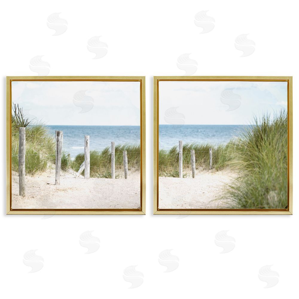 Kim Allen Calm Coastal Beach Fence Landscape Gold Floating Frame Canvas Wall Art Print