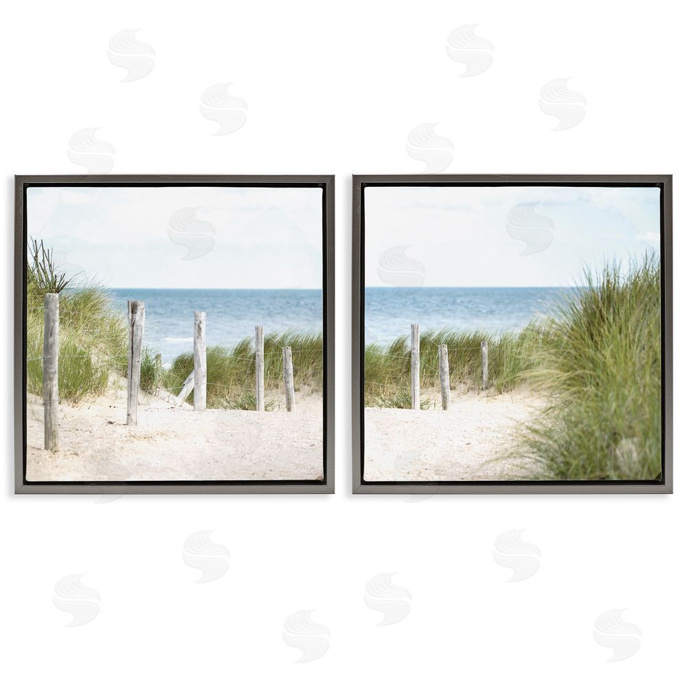 Kim Allen Calm Coastal Beach Fence Landscape Gray Floating Frame Canvas Wall Art Print