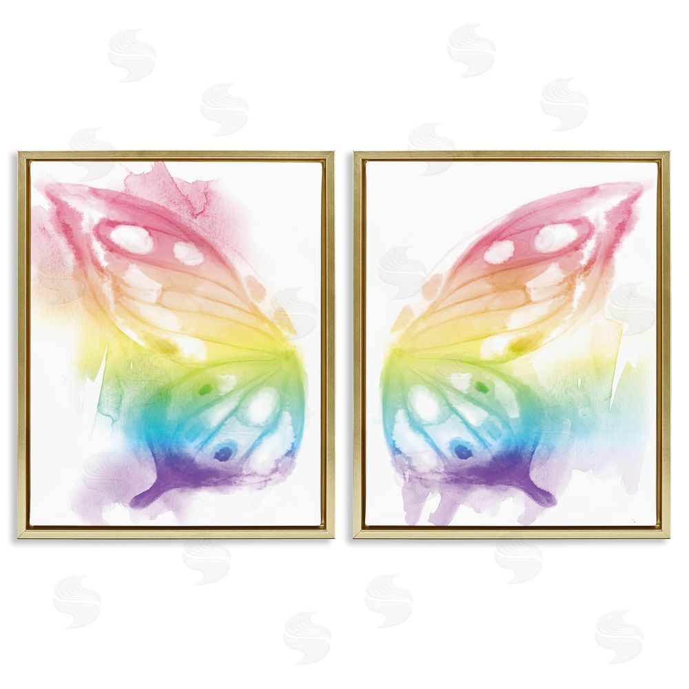 Stupell Studio Rainbow Butterfly Wings Playful Insect Gold Floating Frame Canvas Wall Art Print