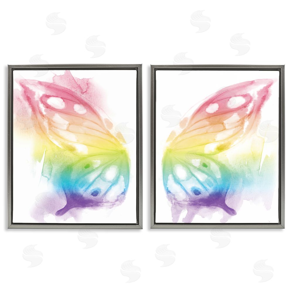 Stupell Studio Rainbow Butterfly Wings Playful Insect Gray Floating Frame Canvas Wall Art Print
