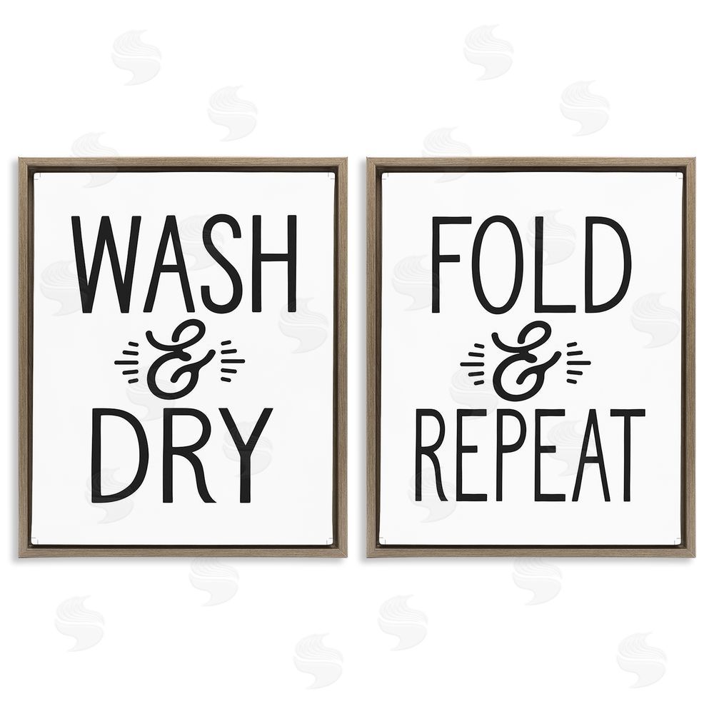 Lettered and Lined Wash Dry Fold Repeat Laundry Phrase Brown Floating Frame Canvas Wall Art Print