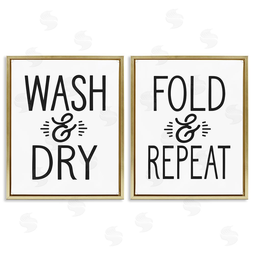 Lettered and Lined Wash Dry Fold Repeat Laundry Phrase Gold Floating Frame Canvas Wall Art Print