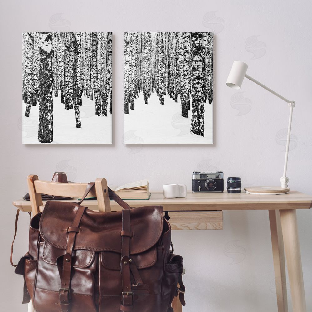 Design Fabrikken Rustic Winter Forest Scene Birch Trees Canvas Wall Art Print in Room