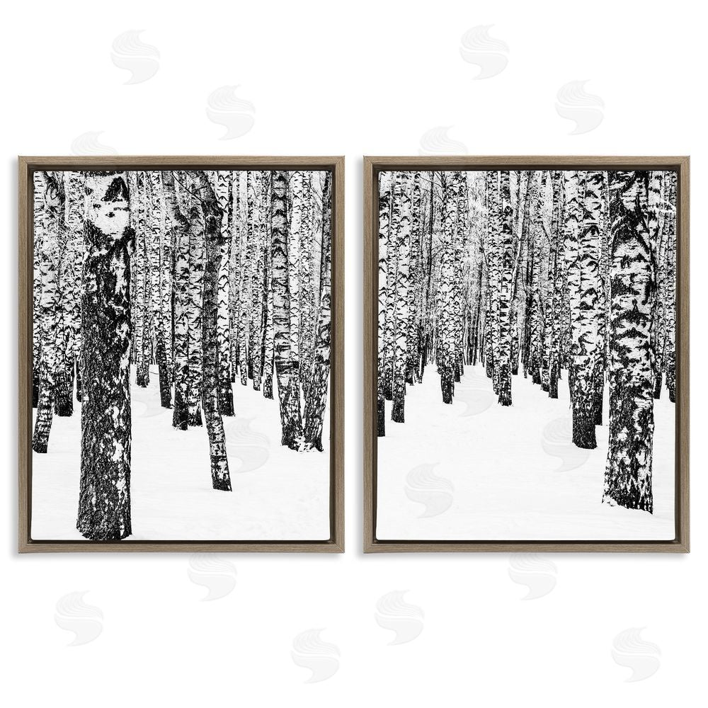 Design Fabrikken Rustic Winter Forest Scene Birch Trees Brown Floating Frame Canvas Wall Art Print