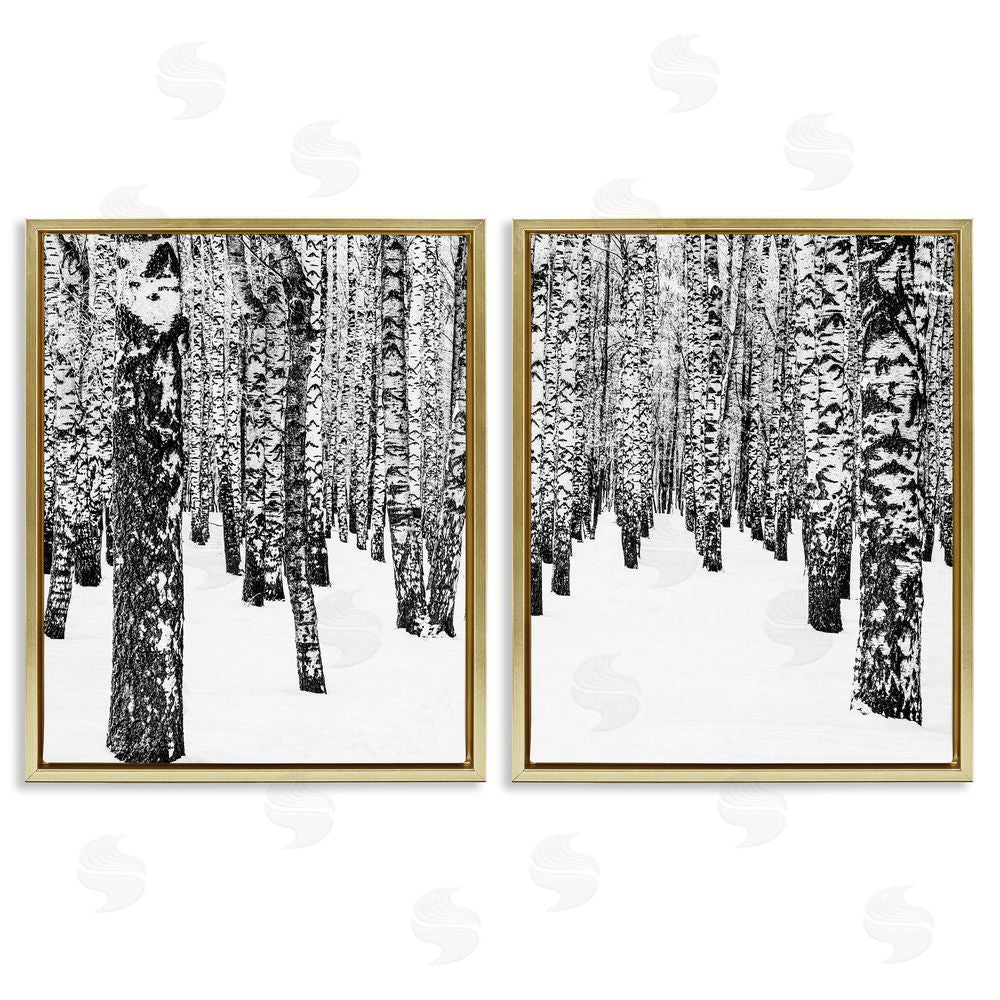 Design Fabrikken Rustic Winter Forest Scene Birch Trees Gold Floating Frame Canvas Wall Art Print