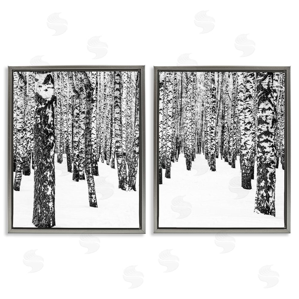 Design Fabrikken Rustic Winter Forest Scene Birch Trees Gray Floating Frame Canvas Wall Art Print