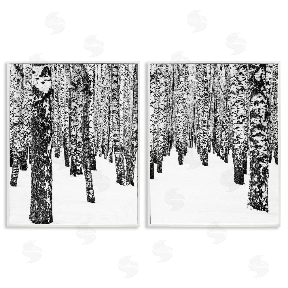 Design Fabrikken Rustic Winter Forest Scene Birch Trees White Framed Giclee Wall Art Print