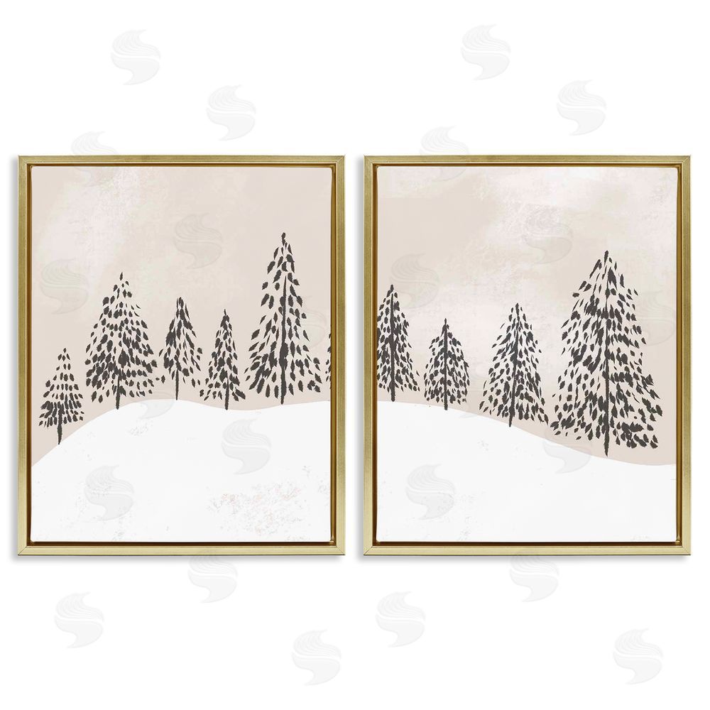 Stupell Studio Winter Trees Abstract Snowy Landscape Gold Floating Frame Canvas Wall Art Print
