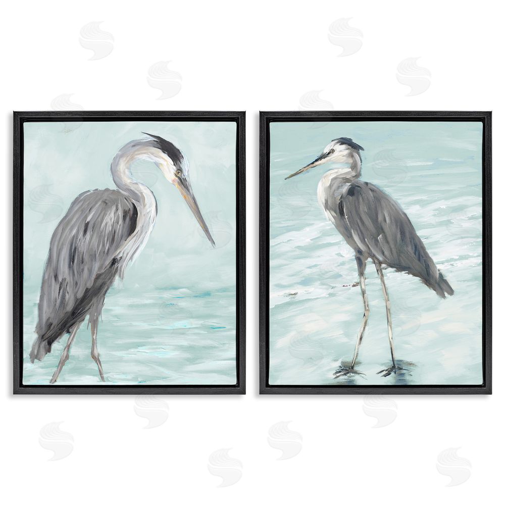 Julie DeRice Heron Birds Standing Shallow Beach Black Floating Frame Canvas Wall Art Print
