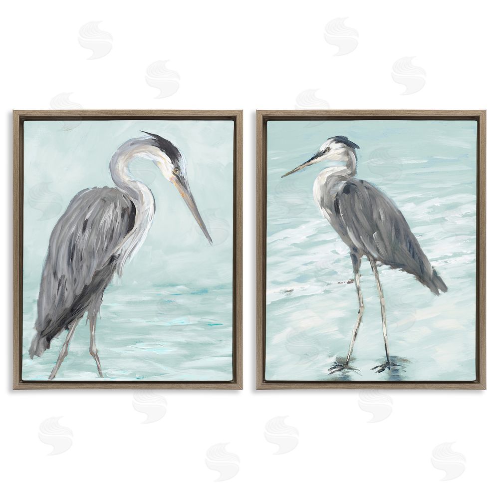 Julie DeRice Heron Birds Standing Shallow Beach Brown Floating Frame Canvas Wall Art Print