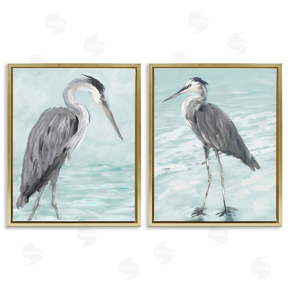 Julie DeRice Heron Birds Standing Shallow Beach Gold Floating Frame Canvas Wall Art Print