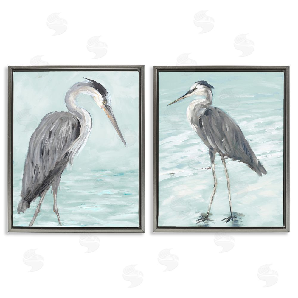 Julie DeRice Heron Birds Standing Shallow Beach Gray Floating Frame Canvas Wall Art Print