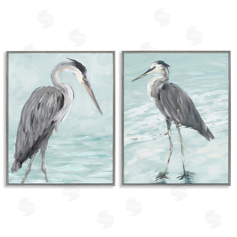 Julie DeRice Heron Birds Standing Shallow Beach Gray Framed Giclee Wall Art Print