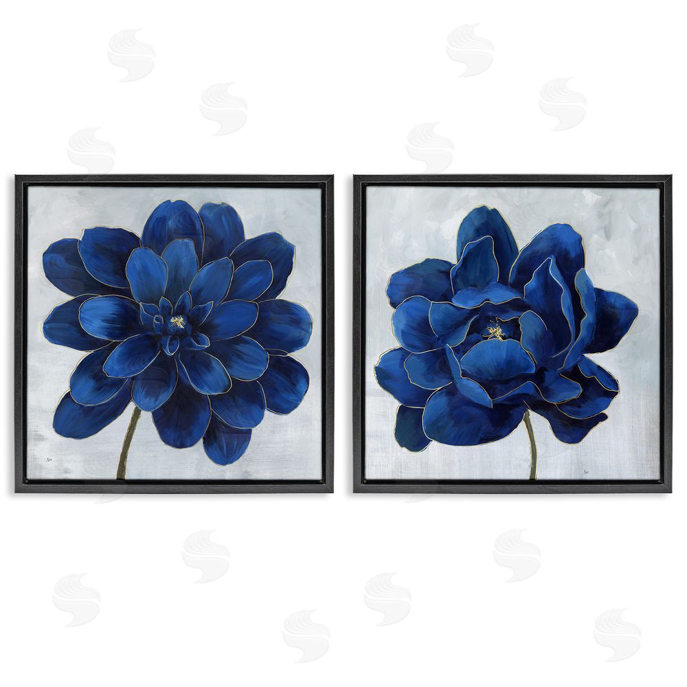 Nan Bold Royal Blue Florals Chic Petals Black Floating Frame Canvas Wall Art Print