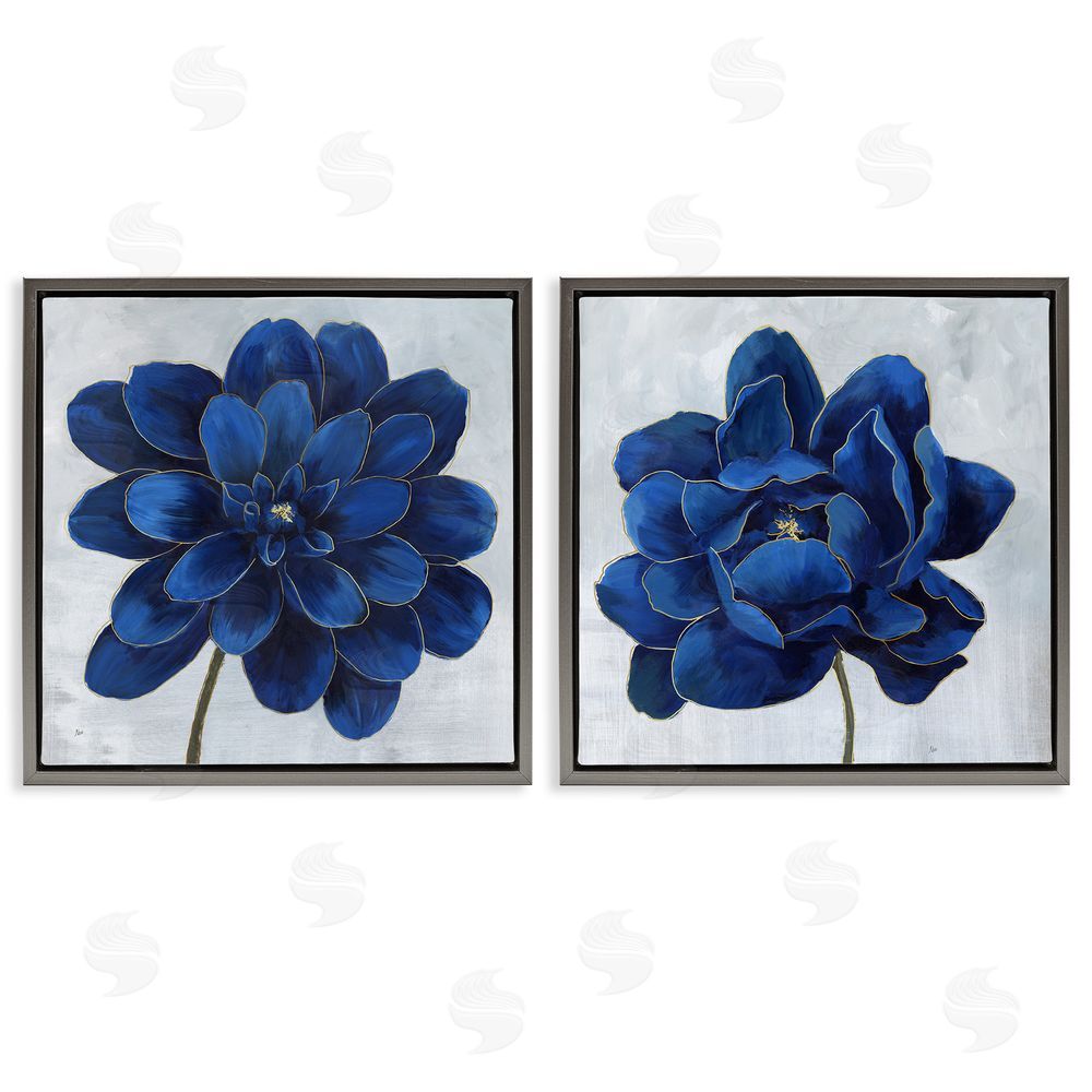 Nan Bold Royal Blue Florals Chic Petals Gray Floating Frame Canvas Wall Art Print