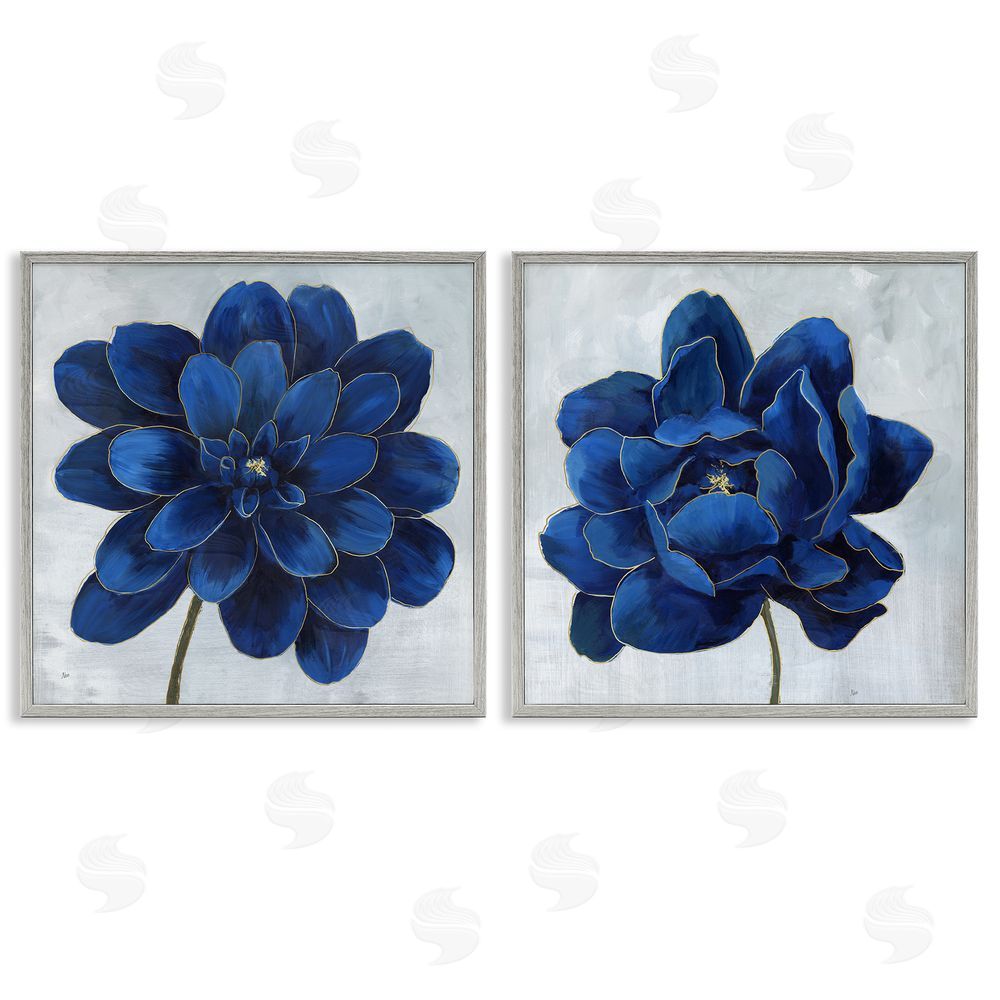 Nan Bold Royal Blue Florals Chic Petals Gray Framed Giclee Wall Art Print