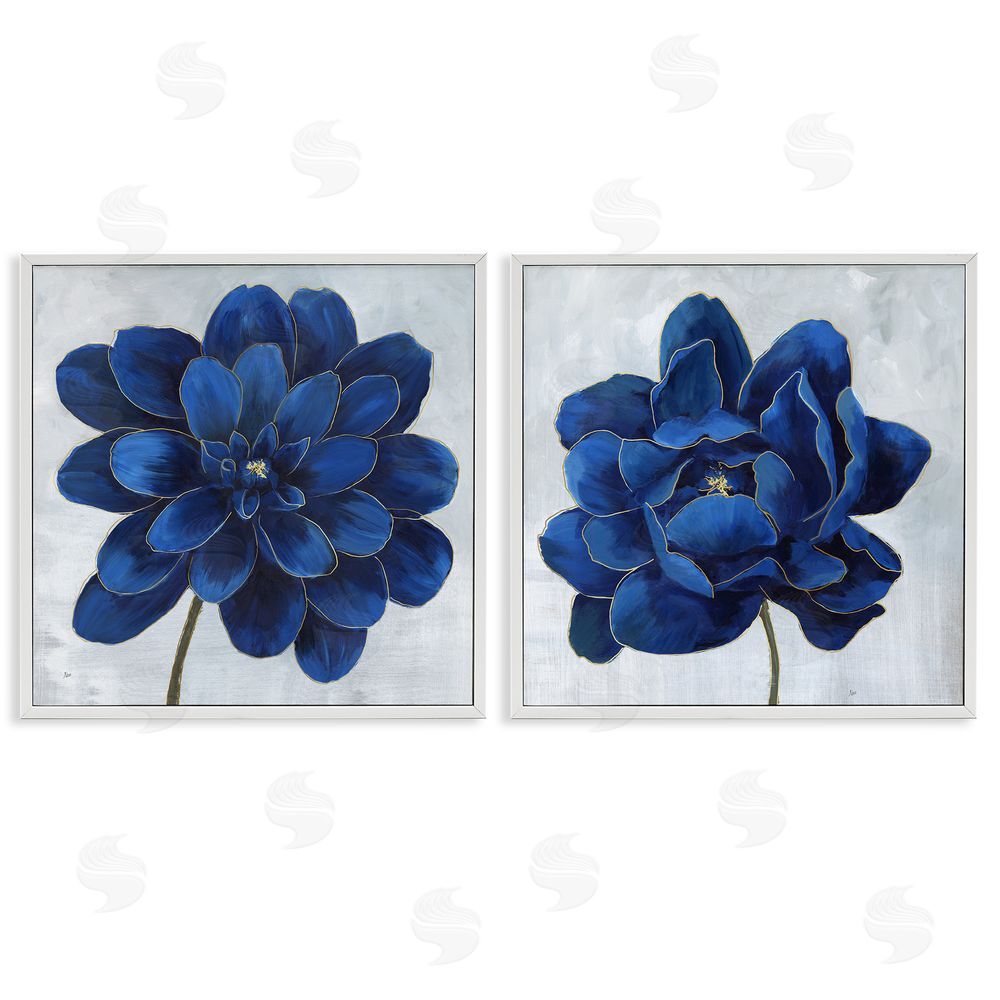 Nan Bold Royal Blue Florals Chic Petals White Framed Giclee Wall Art Print