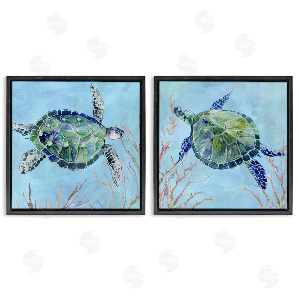 Carol Robinson Abstract Sea Turtles Deep Sea Coral Black Floating Frame Canvas Wall Art Print