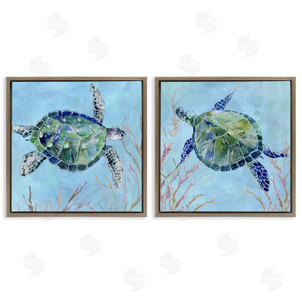 Carol Robinson Abstract Sea Turtles Deep Sea Coral Brown Floating Frame Canvas Wall Art Print