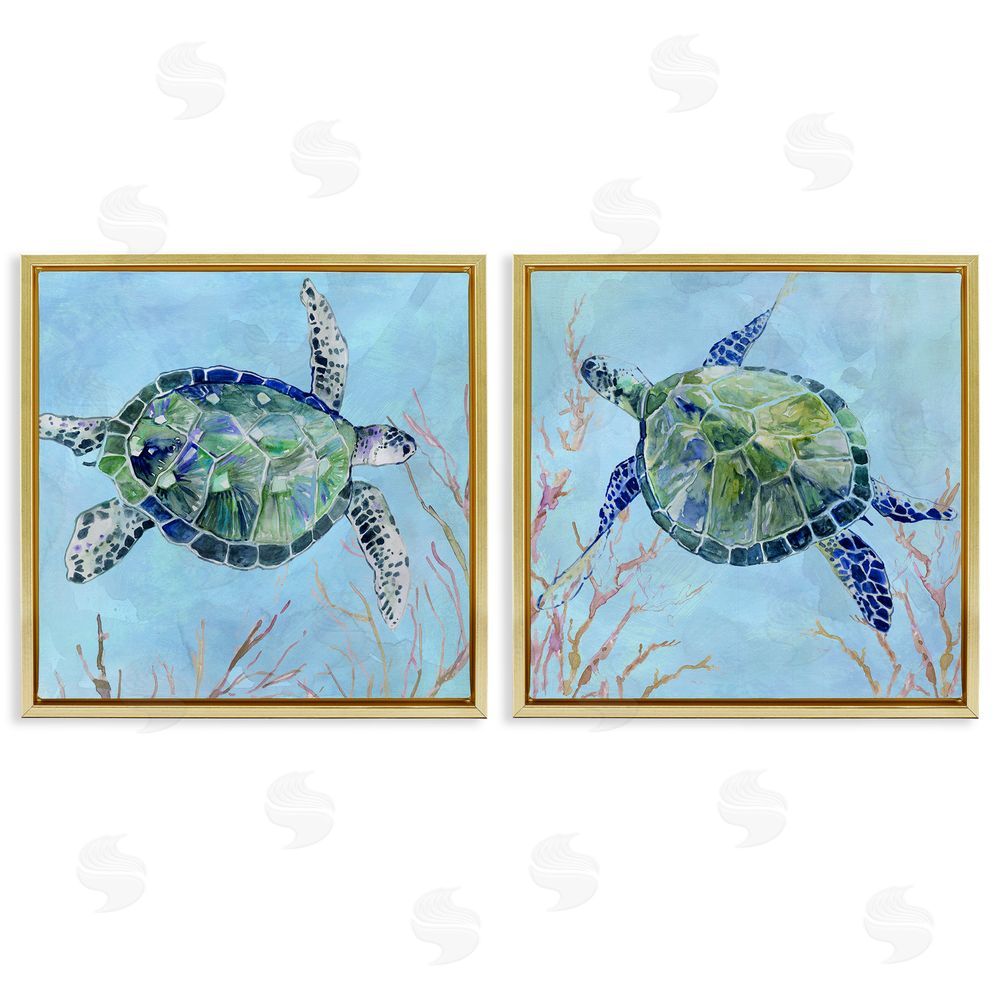 Carol Robinson Abstract Sea Turtles Deep Sea Coral Gold Floating Frame Canvas Wall Art Print