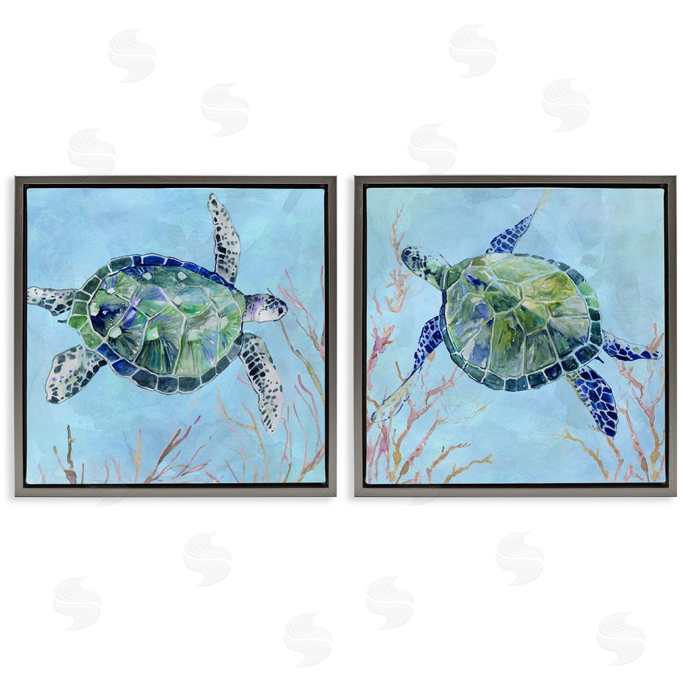 Carol Robinson Abstract Sea Turtles Deep Sea Coral Gray Floating Frame Canvas Wall Art Print