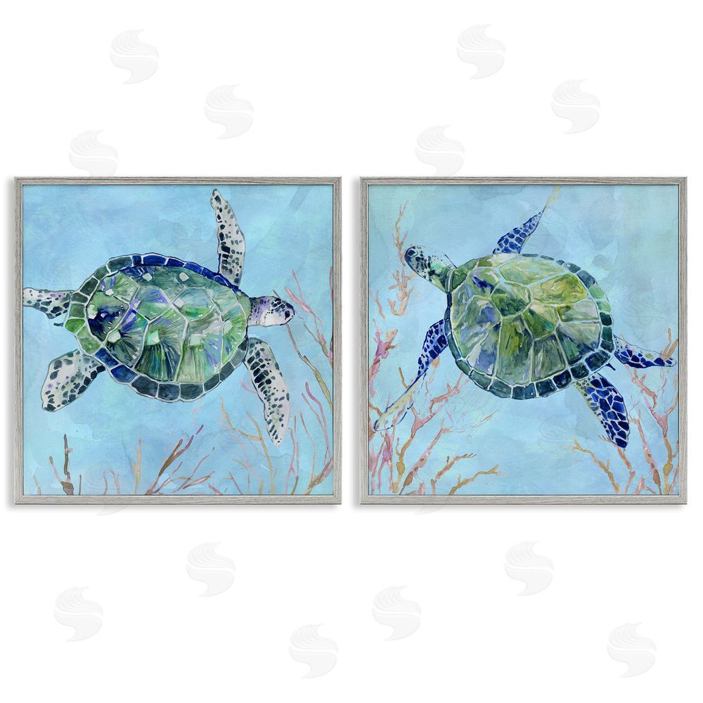 Carol Robinson Abstract Sea Turtles Deep Sea Coral Gray Framed Giclee Wall Art Print