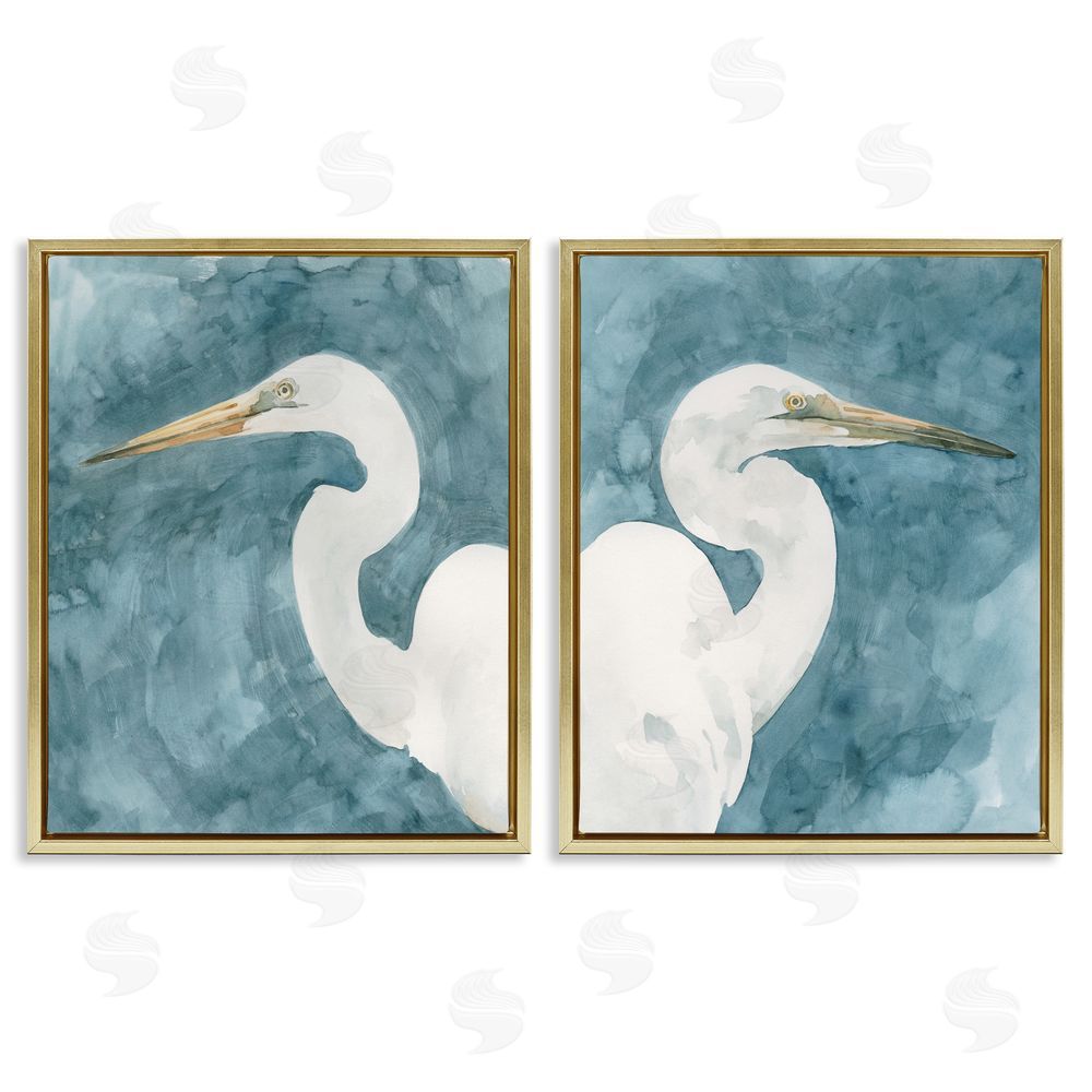 Emma Caroline Nautical Cranes Bird Portraits Abstraction Gold Floating Frame Canvas Wall Art Print