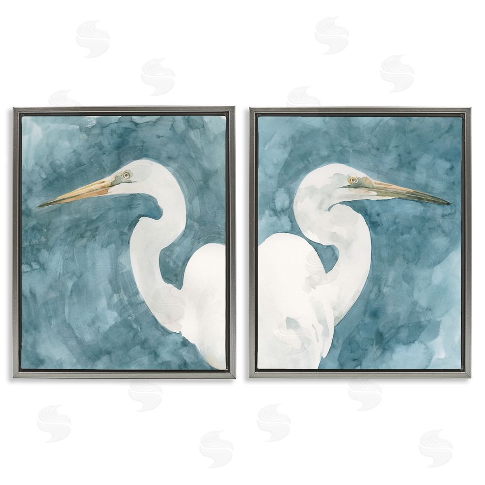 Emma Caroline Nautical Cranes Bird Portraits Abstraction Gray Floating Frame Canvas Wall Art Print
