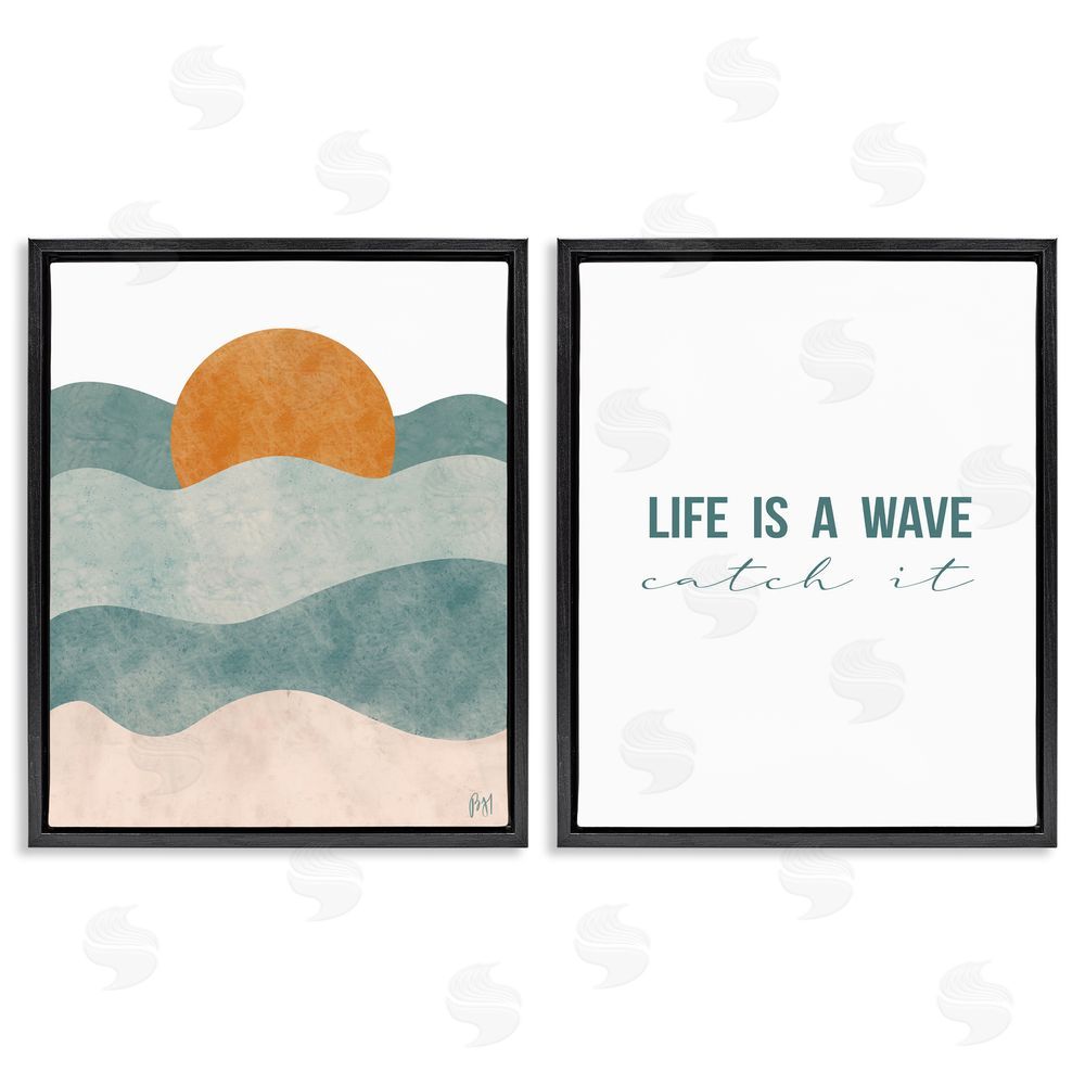 Birch & Ink Life's A Wave Phrase Summer Sunrise Black Floating Frame Canvas Wall Art Print