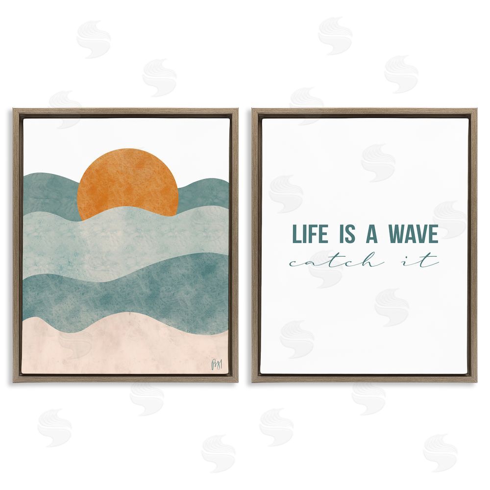 Birch & Ink Life's A Wave Phrase Summer Sunrise Brown Floating Frame Canvas Wall Art Print
