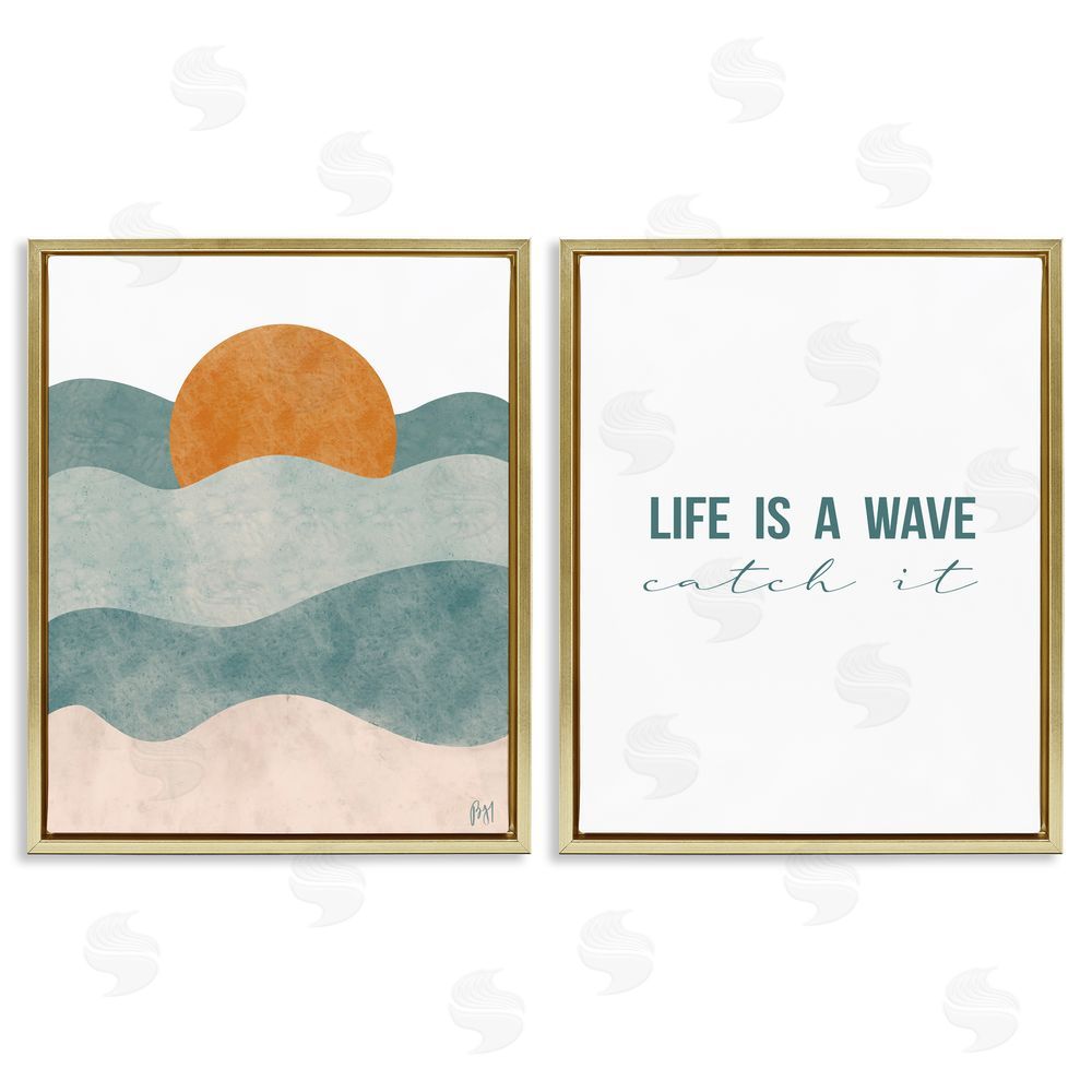 Birch & Ink Life's A Wave Phrase Summer Sunrise Gold Floating Frame Canvas Wall Art Print
