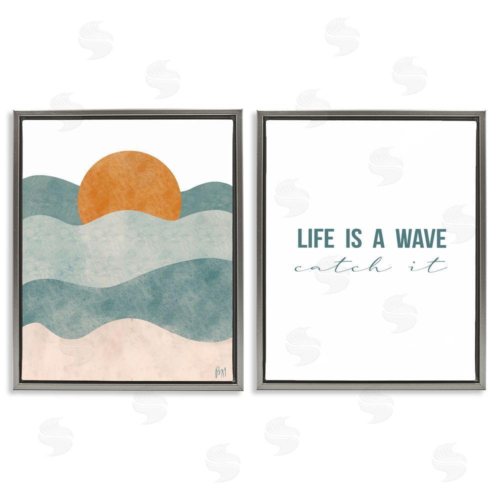 Birch & Ink Life's A Wave Phrase Summer Sunrise Gray Floating Frame Canvas Wall Art Print