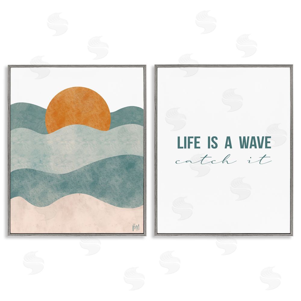 Birch & Ink Life's A Wave Phrase Summer Sunrise Gray Framed Giclee Wall Art Print