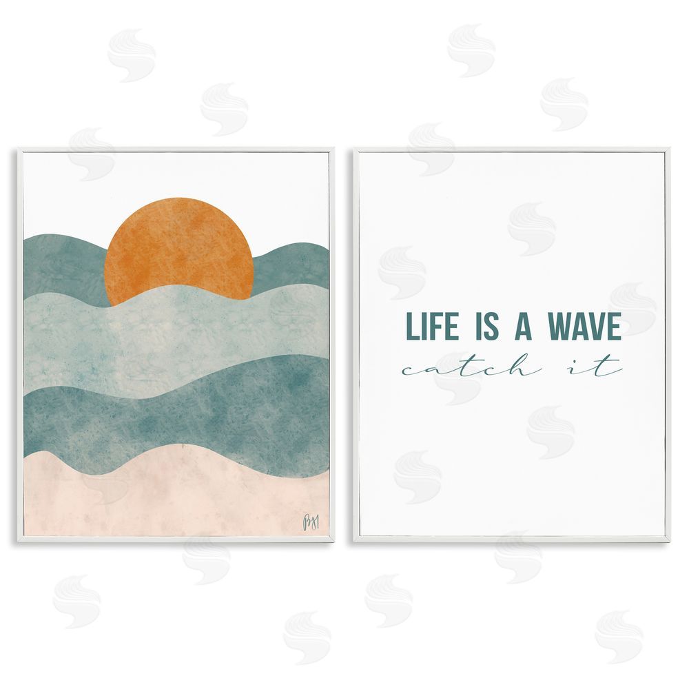 Birch & Ink Life's A Wave Phrase Summer Sunrise White Framed Giclee Wall Art Print