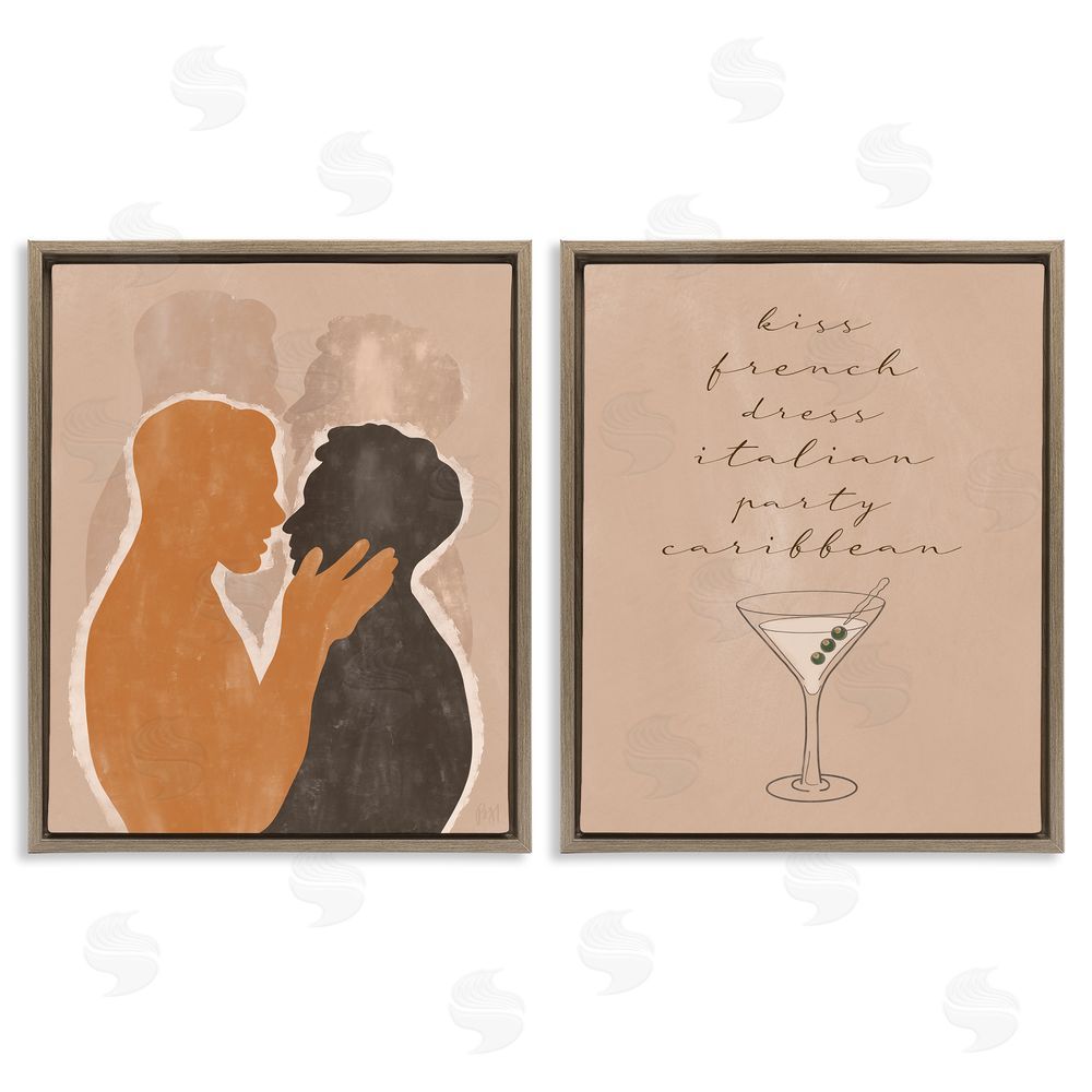 Birch & Ink Kiss French Phrase Male Couple Embrace Brown Floating Frame Canvas Wall Art Print