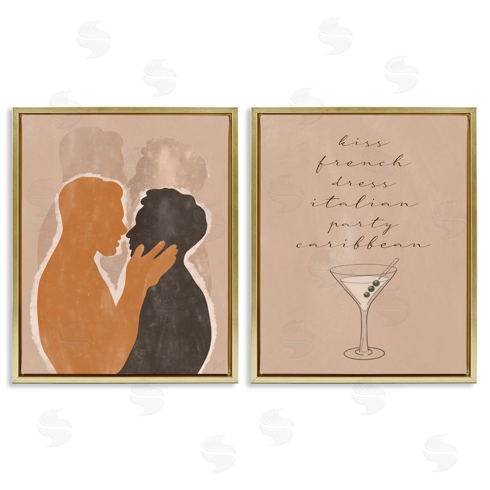 Birch & Ink Kiss French Phrase Male Couple Embrace Gold Floating Frame Canvas Wall Art Print
