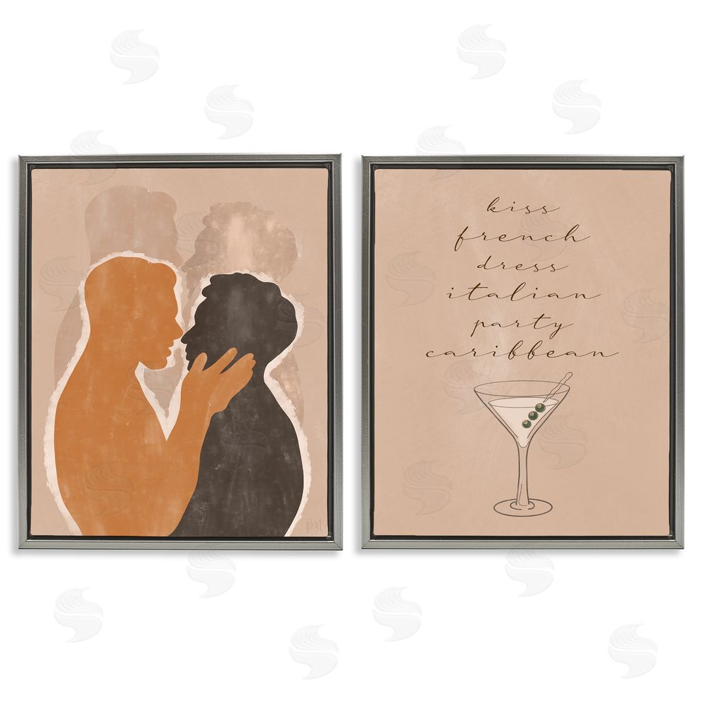 Birch & Ink Kiss French Phrase Male Couple Embrace Gray Floating Frame Canvas Wall Art Print
