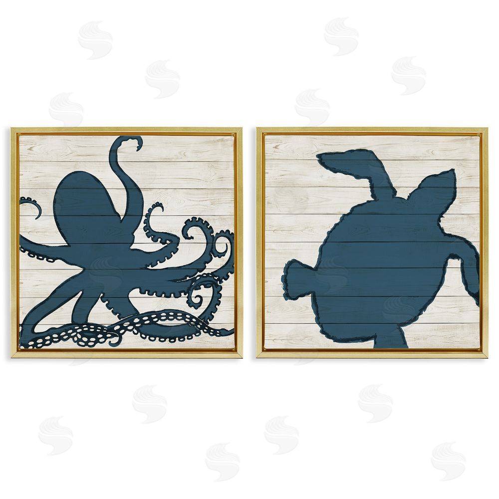 Julie DeRice Nautical Aquatic Animals Silhouette Gold Floating Frame Canvas Wall Art Print