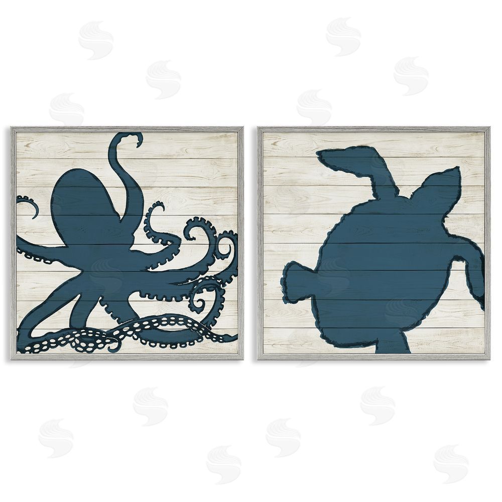 Julie DeRice Nautical Aquatic Animals Silhouette Gray Framed Giclee Wall Art Print