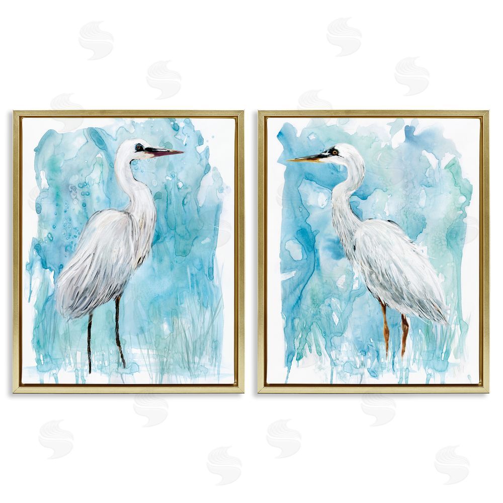Carol Robinson Nautical Crane Pair White Beach Birds Gold Floating Frame Canvas Wall Art Print