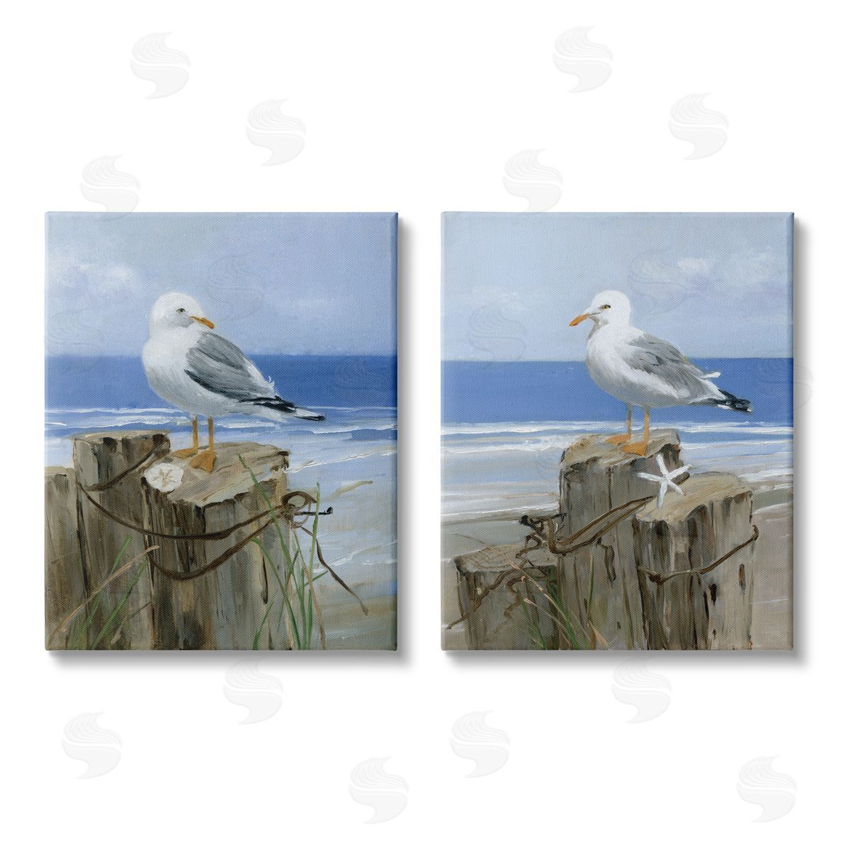 Sally Swatland Seagulls Beach Shore Wooden Pillars Canvas Wall Art Print