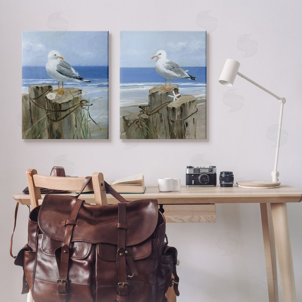 Sally Swatland Seagulls Beach Shore Wooden Pillars Canvas Wall Art Print in Room